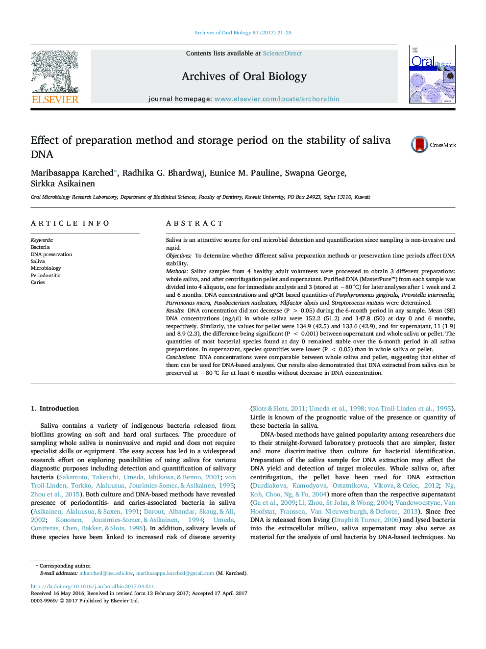 Effect of preparation method and storage period on the stability of saliva DNA