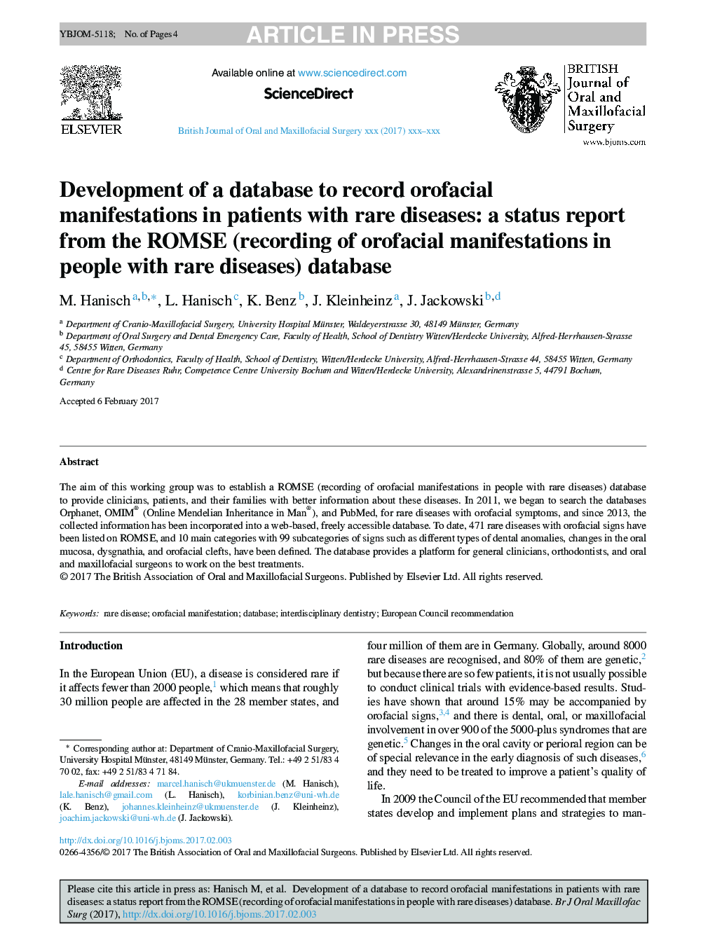 Development of a database to record orofacial manifestations in patients with rare diseases: a status report from the ROMSE (recording of orofacial manifestations in people with rare diseases) database
