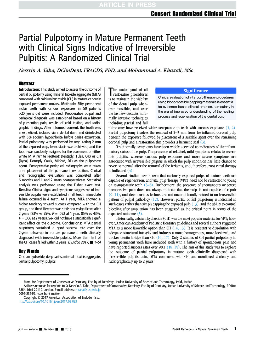 Partial Pulpotomy in Mature Permanent Teeth with Clinical Signs Indicative of Irreversible Pulpitis: A Randomized Clinical Trial