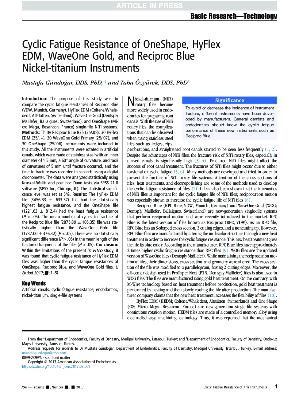 Cyclic Fatigue Resistance of OneShape, HyFlex EDM, WaveOne Gold, and Reciproc Blue Nickel-titanium Instruments