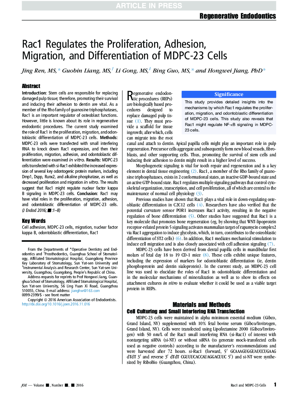 Rac1 Regulates the Proliferation, Adhesion, Migration, and Differentiation of MDPC-23 Cells