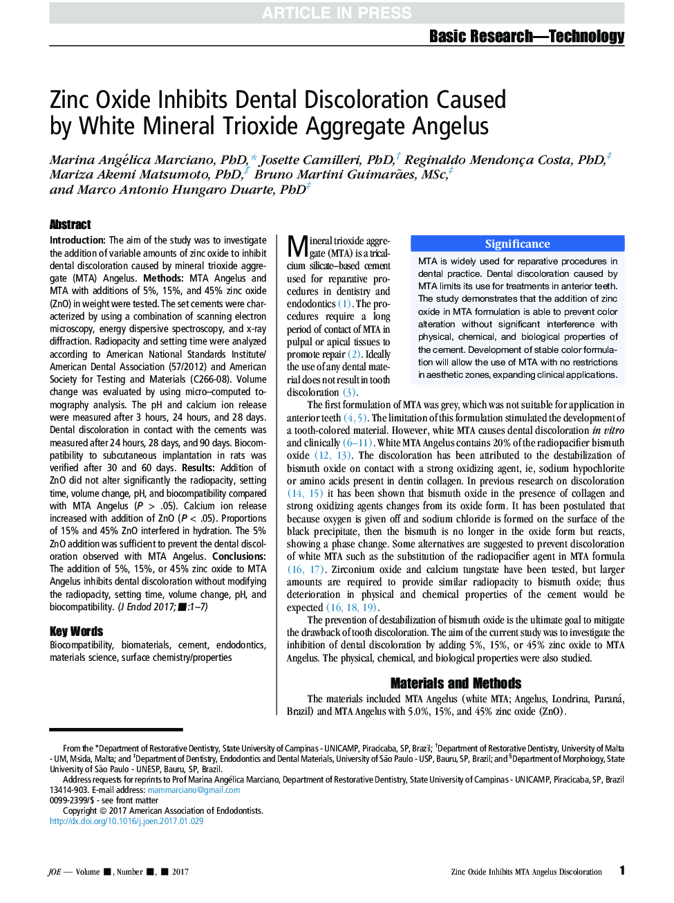 Zinc Oxide Inhibits Dental Discoloration Caused by White Mineral Trioxide Aggregate Angelus