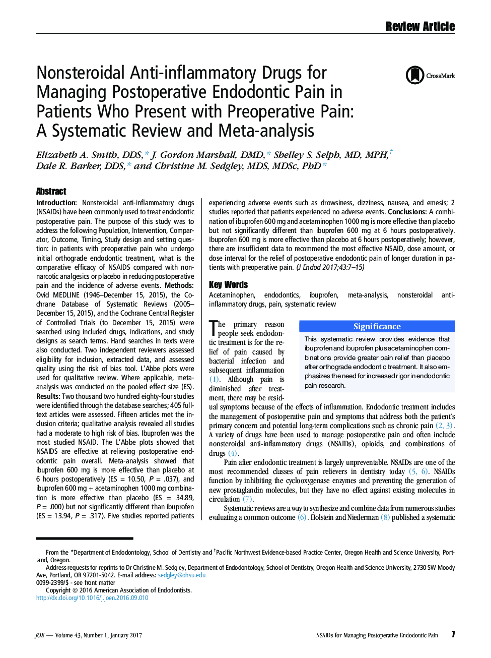 Nonsteroidal Anti-inflammatory Drugs for Managing Postoperative Endodontic Pain in Patients Who Present with Preoperative Pain: AÂ Systematic Review and Meta-analysis