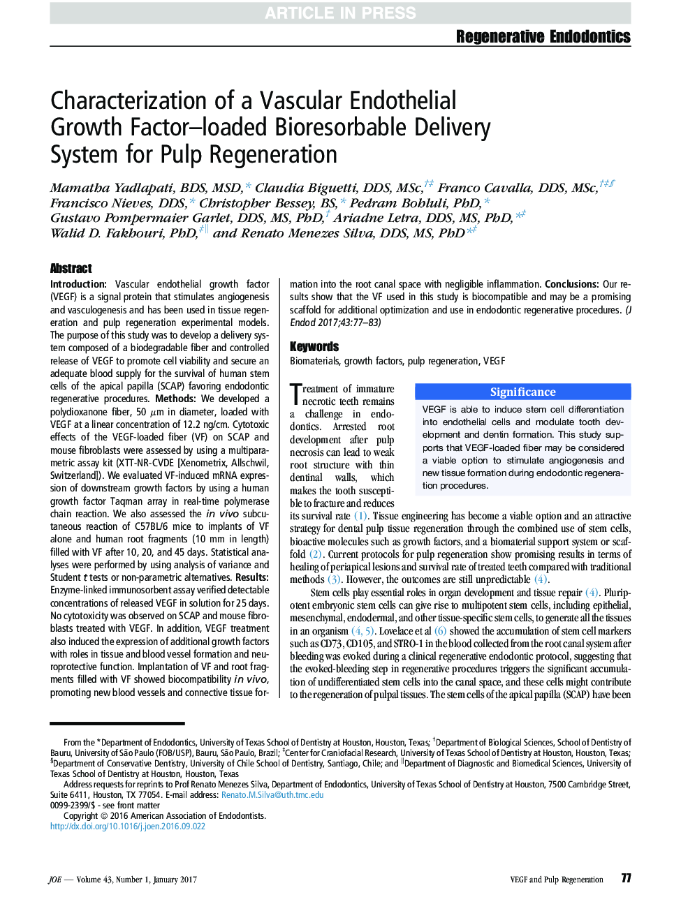 تشخیص یک سیستم تحویل بیوژنی قابل تحمل فاکتور رشد اندوتلیال عروقی برای بازسازی پالپ 