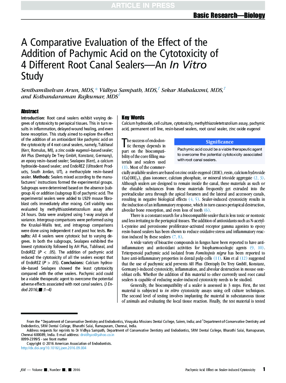 A Comparative Evaluation of the Effect of the Addition of Pachymic Acid on the Cytotoxicity of 4 Different Root Canal Sealers-An InÂ Vitro Study