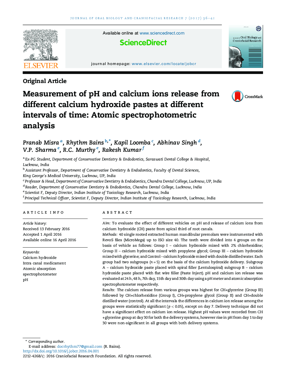 Measurement of pH and calcium ions release from different calcium hydroxide pastes at different intervals of time: Atomic spectrophotometric analysis