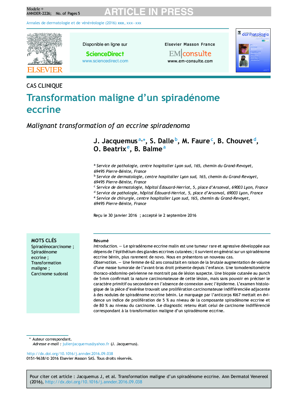 Transformation maligne d'un spiradénome eccrine