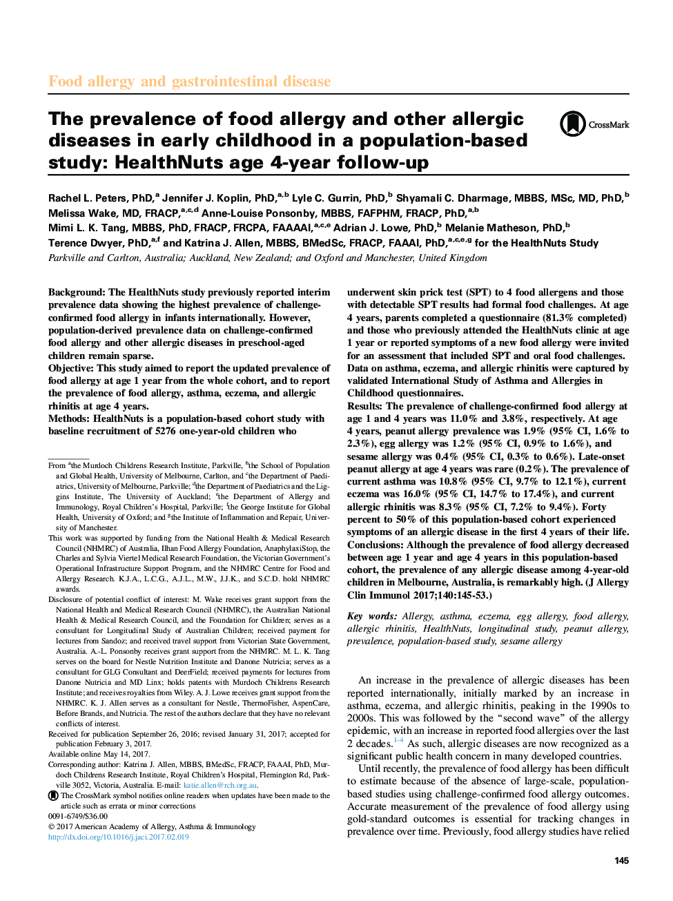 The prevalence of food allergy and other allergic diseases in early childhood in a population-based study: HealthNuts age 4-year follow-up