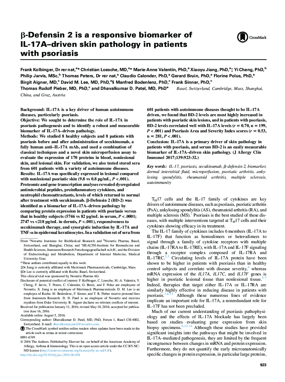 Î²-Defensin 2 is a responsive biomarker of IL-17A-driven skin pathology in patients with psoriasis