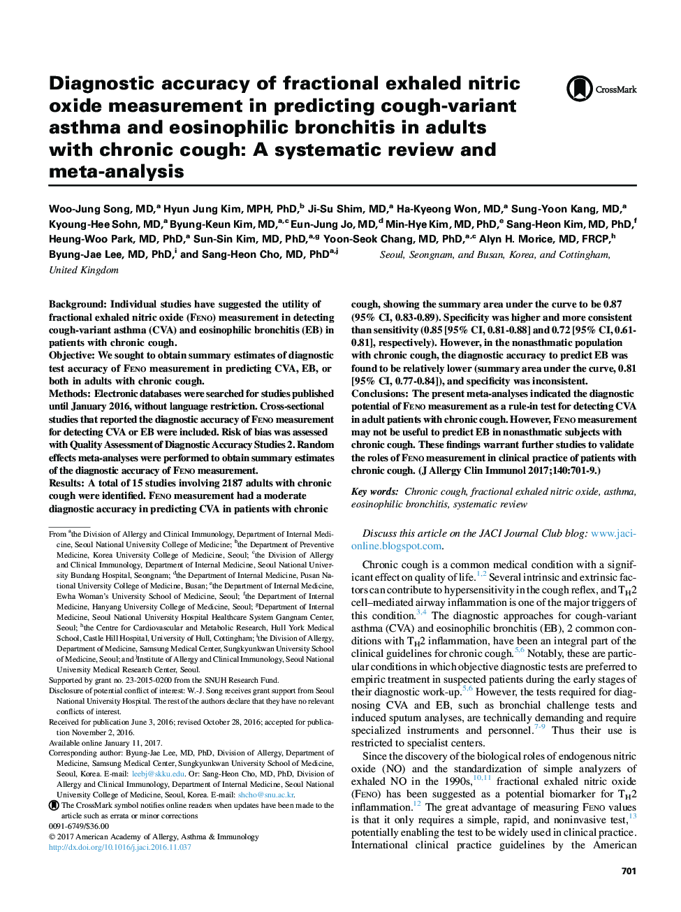 Diagnostic accuracy of fractional exhaled nitric oxide measurement in predicting cough-variant asthma and eosinophilic bronchitis in adults withÂ chronic cough: AÂ systematic review and meta-analysis