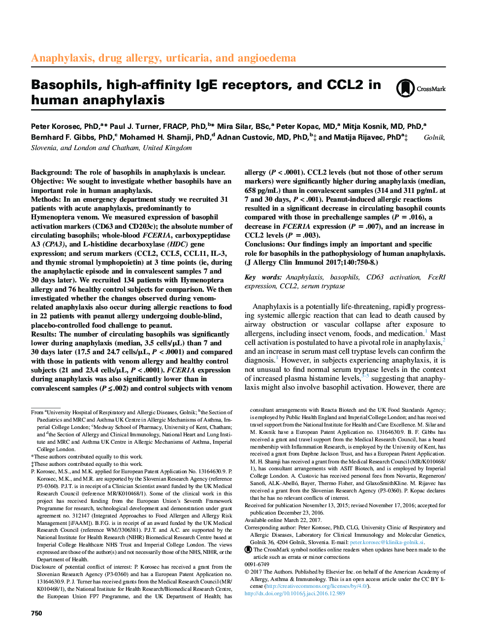 Basophils, high-affinity IgE receptors, and CCL2 in human anaphylaxis