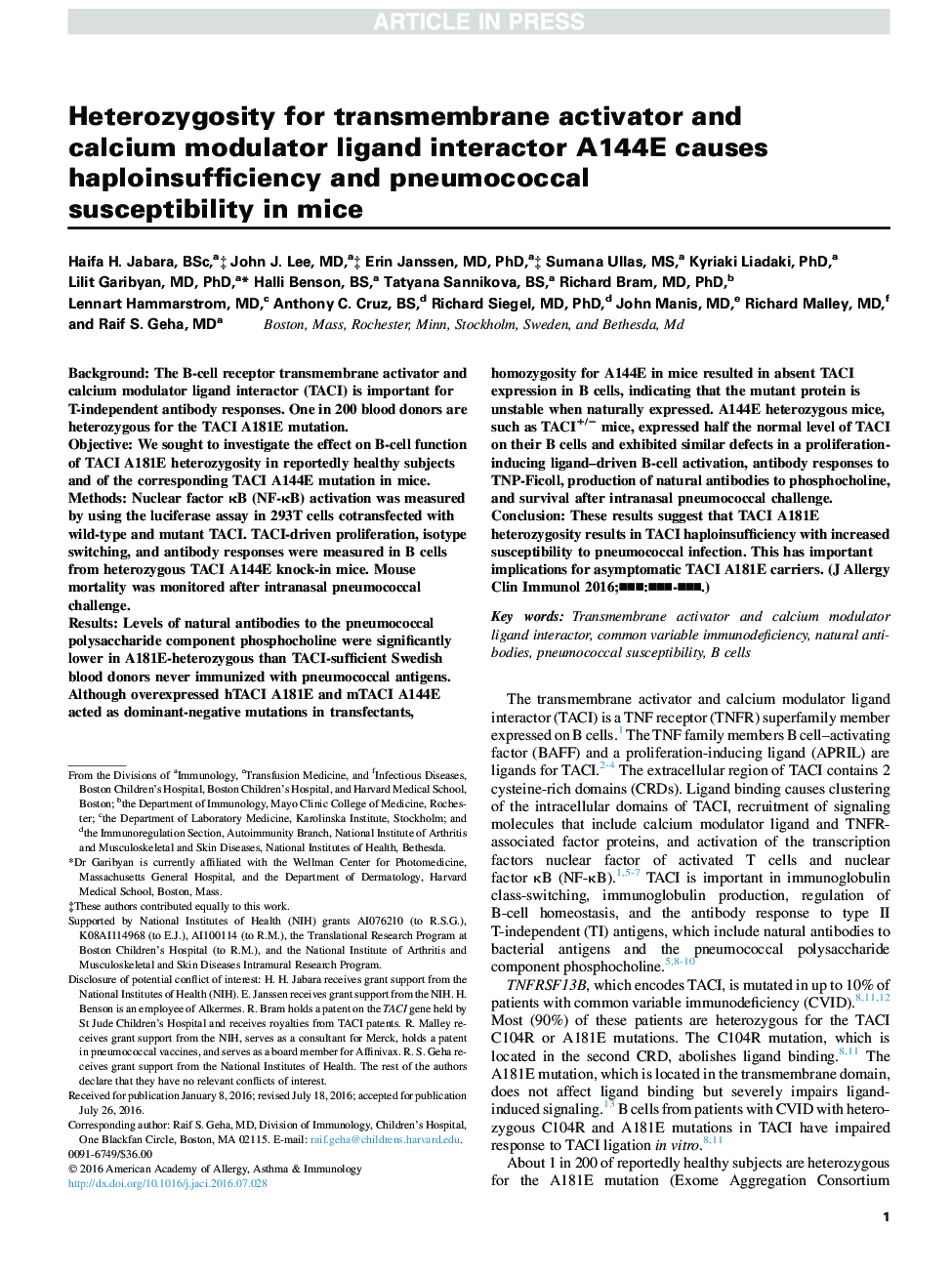 Heterozygosity for transmembrane activator and calcium modulator ligand interactor A144E causes haploinsufficiency and pneumococcal susceptibility in mice