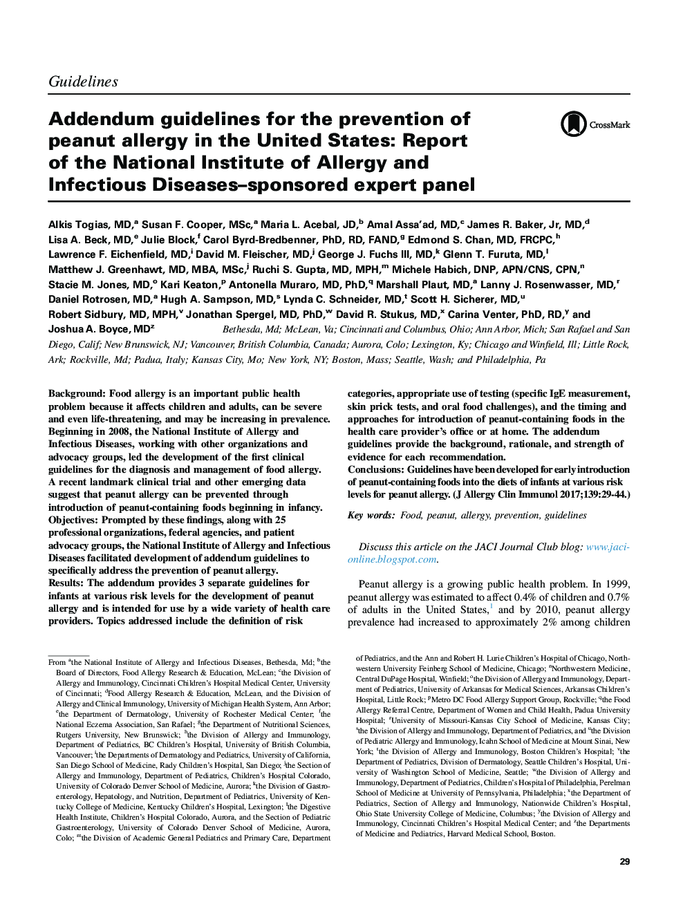 رهنمودها در مورد پیشگیری از آلرژی بادام زمینی در ایالات متحده: گزارش مؤسسه ملی آلرژی و بیماری های عفونی - حمایت از گروه متخصص 