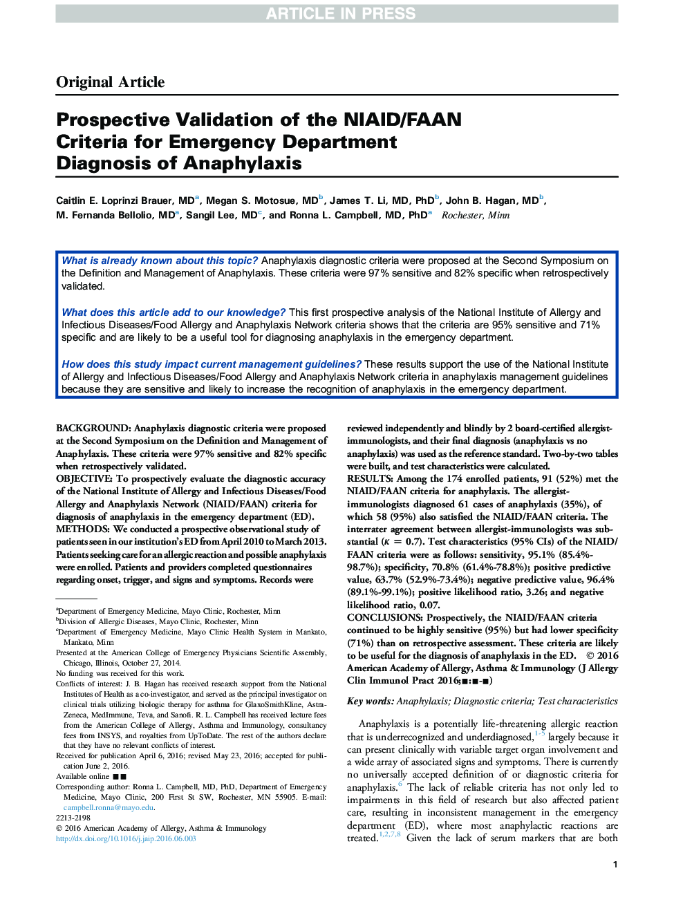 Prospective Validation of the NIAID/FAAN CriteriaÂ for Emergency Department Diagnosis of Anaphylaxis