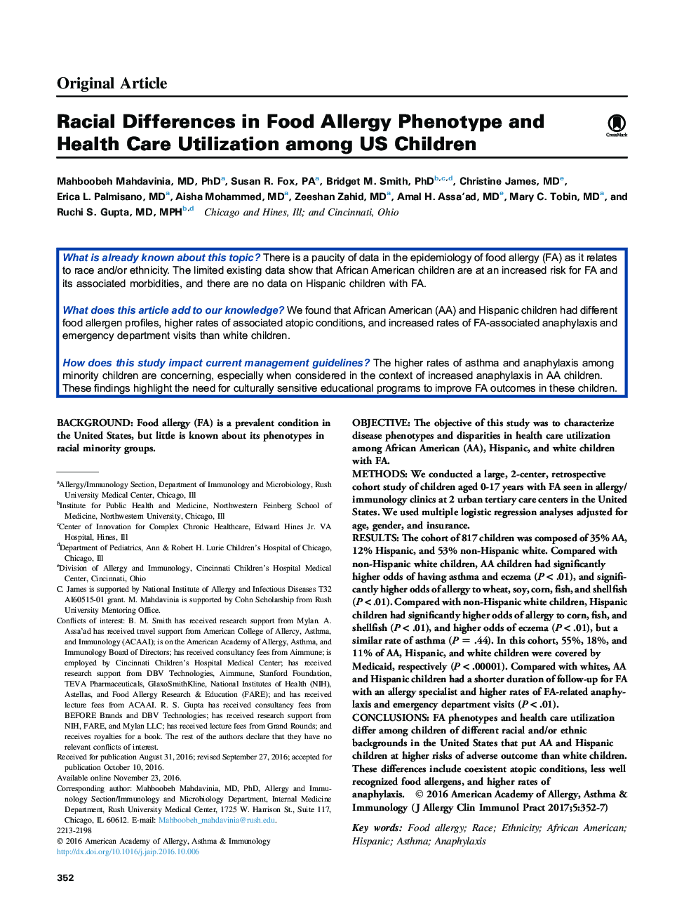 اختلافات نژادی در استفاده از فنوتیپ آلرژی غذایی و مراقبت های بهداشتی در میان کودکان ایالات متحده 
