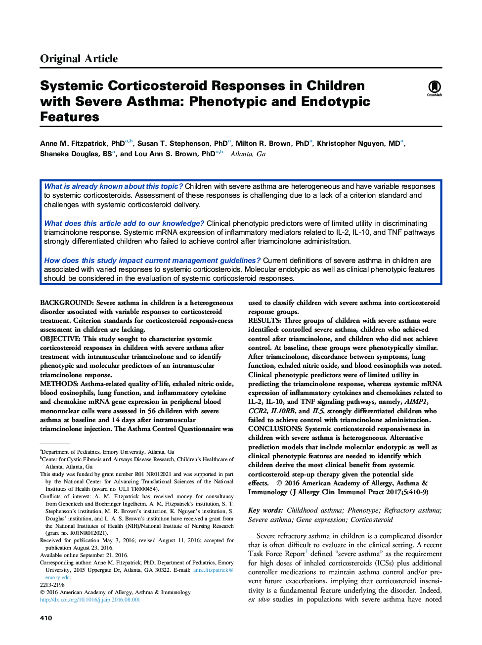 پاسخ های کورتیکواستروئید سیستمیک در کودکان مبتلا به آسم شدید: ویژگی های فنوتیپیک و اندوتایپی 