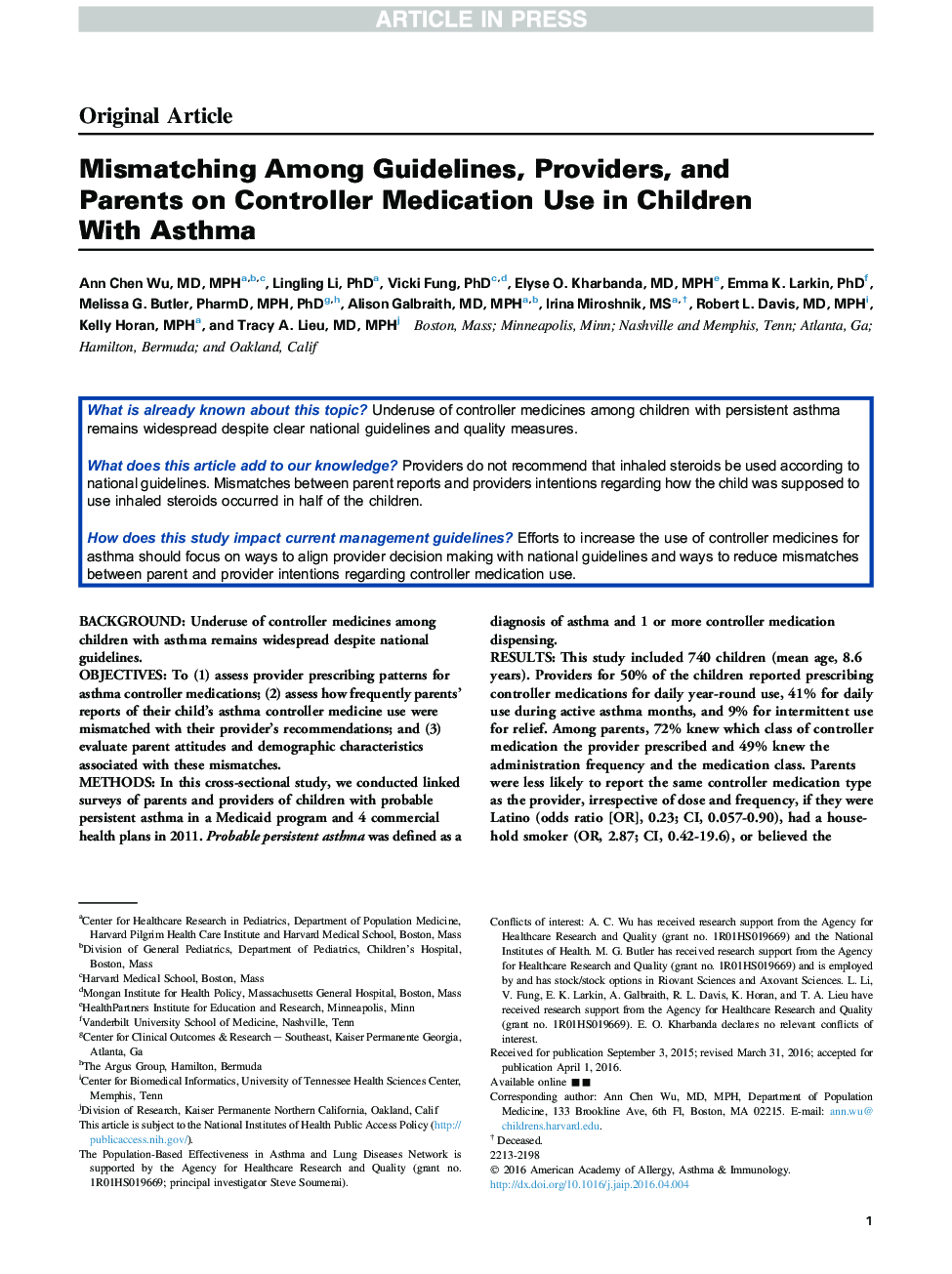 عدم تطابق در میان دستورالعمل ها، ارائه دهندگان و والدین در استفاده از داروهای کنترل کننده در کودکان مبتلا به آسم 