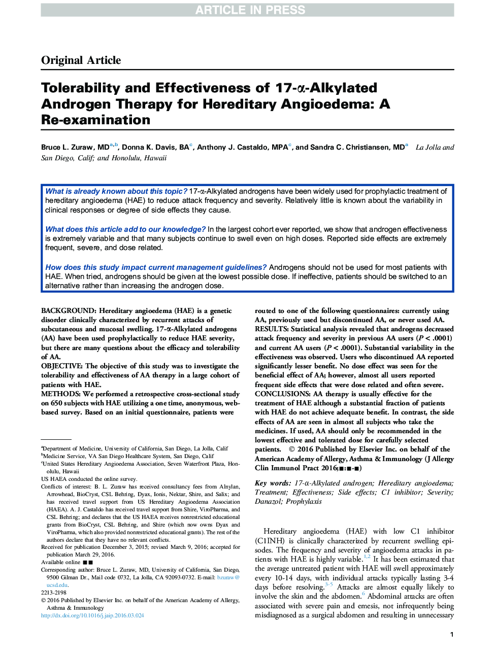 Tolerability and Effectiveness of 17-Î±-Alkylated Androgen Therapy for Hereditary Angioedema: A Re-examination