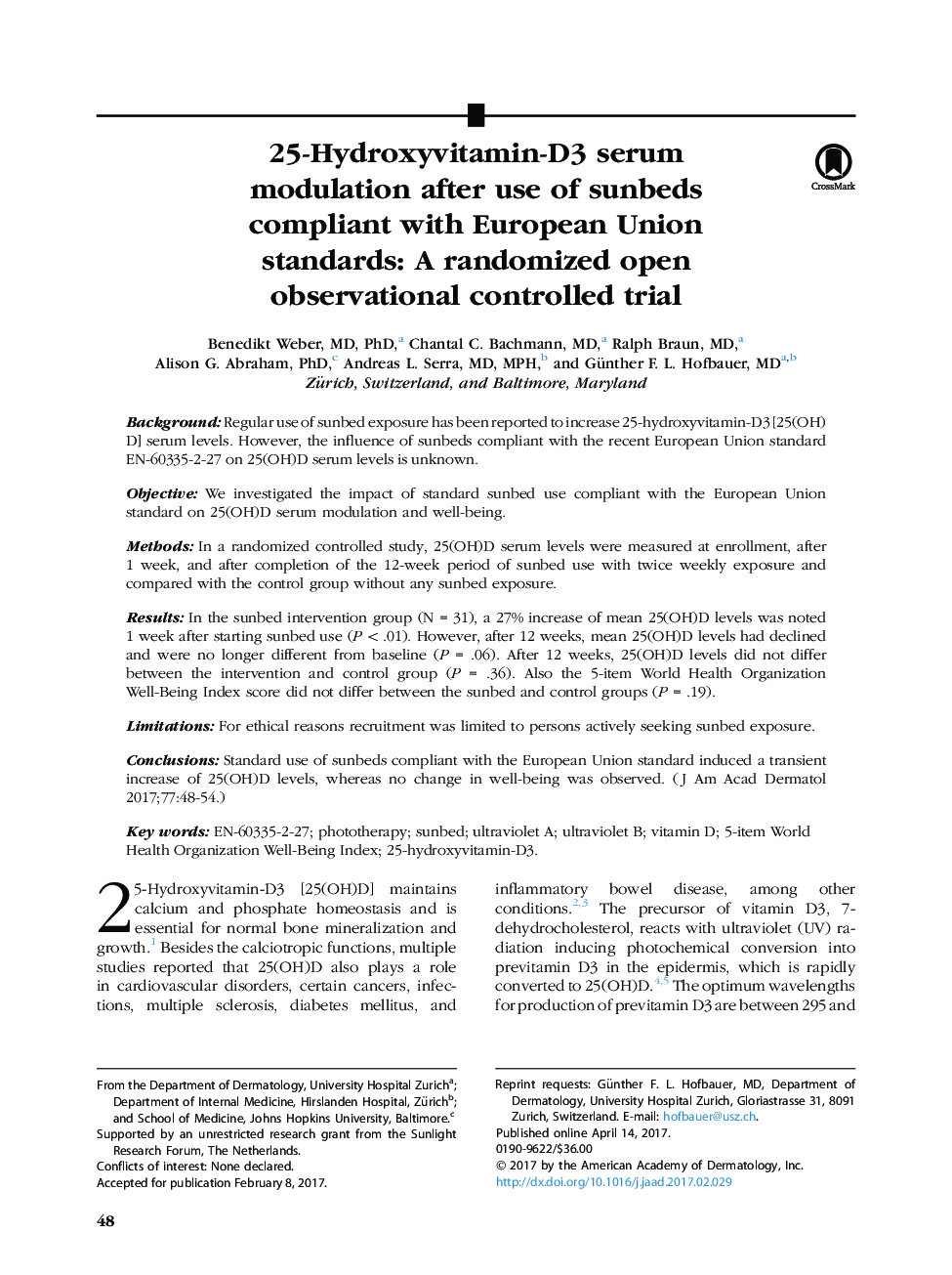 25-Hydroxyvitamin-D3 serum modulation after use of sunbeds compliant with European Union standards: A randomized open observational controlled trial