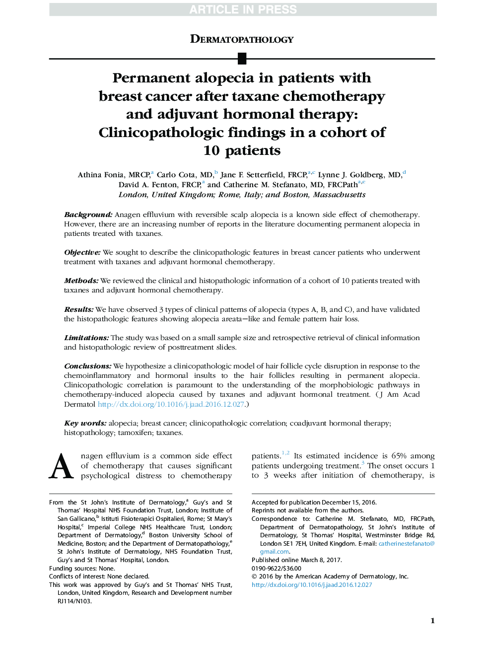 Permanent alopecia in patients with breast cancer after taxane chemotherapy and adjuvant hormonal therapy: Clinicopathologic findings in a cohort of 10 patients