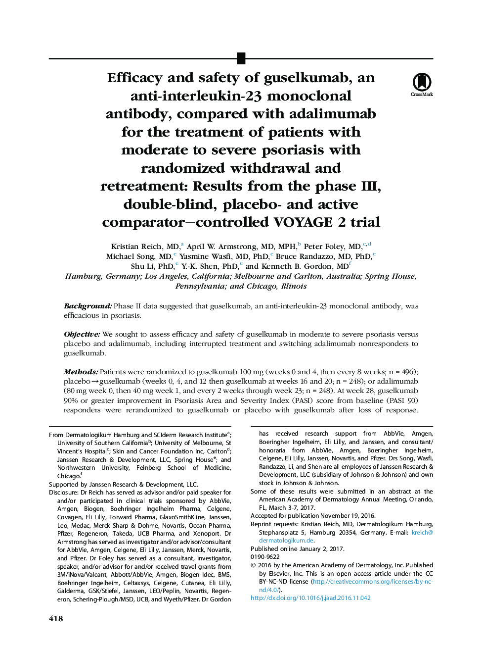 Efficacy and safety of guselkumab, an anti-interleukin-23 monoclonal antibody, compared with adalimumab for the treatment of patients with moderate to severe psoriasis with randomized withdrawal and retreatment: Results from the phase III, double-blind, p