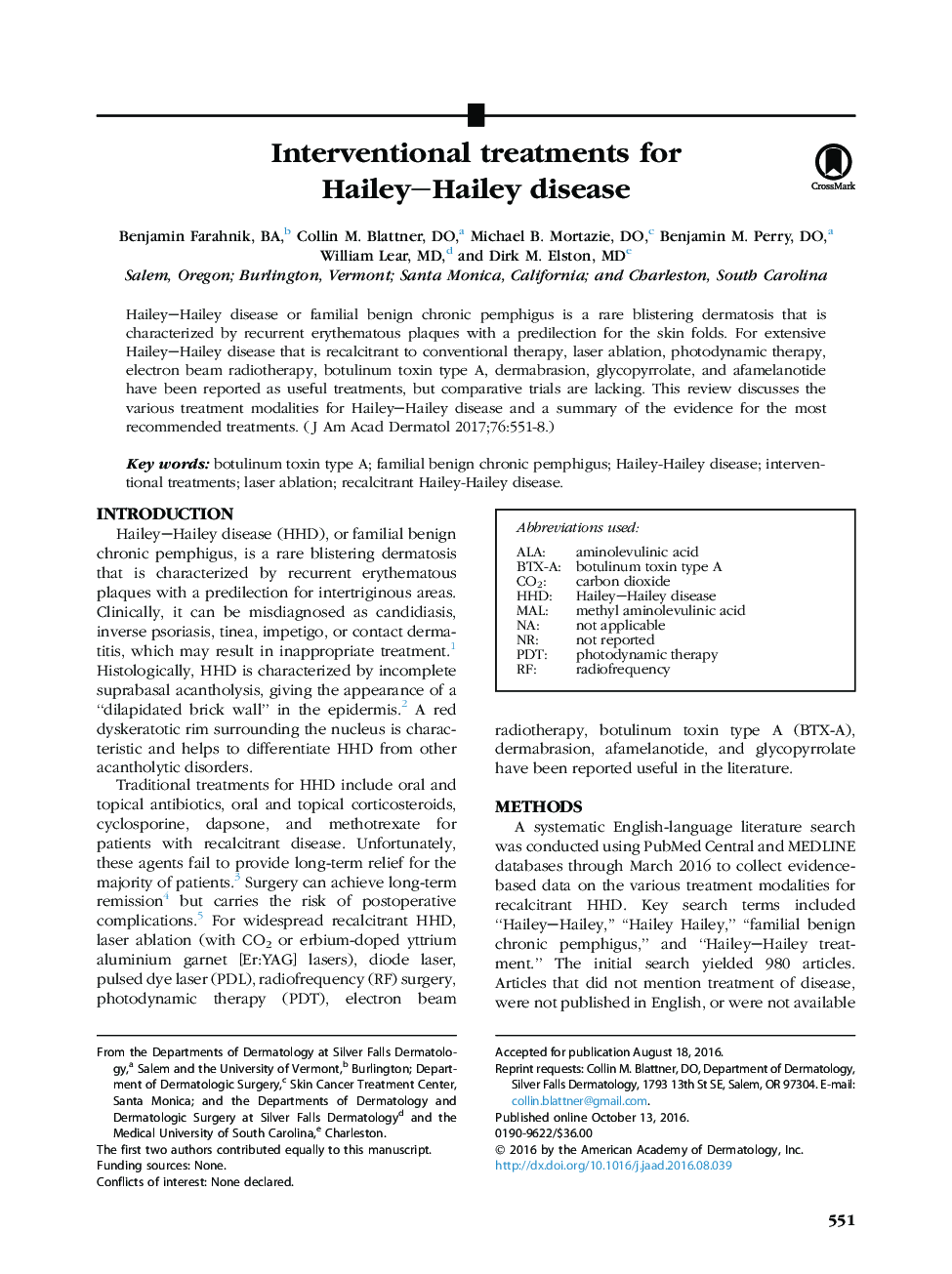 Interventional treatments for Hailey-Hailey disease