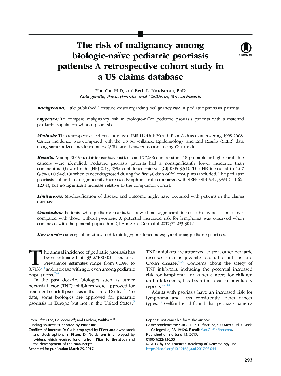The risk of malignancy among biologic-naïve pediatric psoriasis patients: A retrospective cohort study in a US claims database