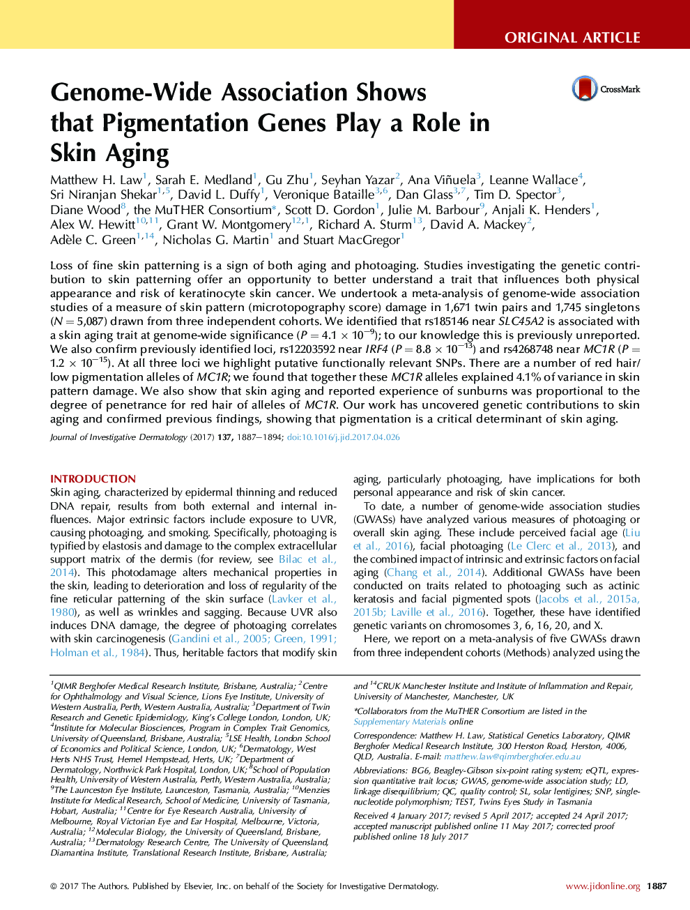 Genome-Wide Association Shows thatÂ Pigmentation Genes Play a Role in SkinÂ Aging