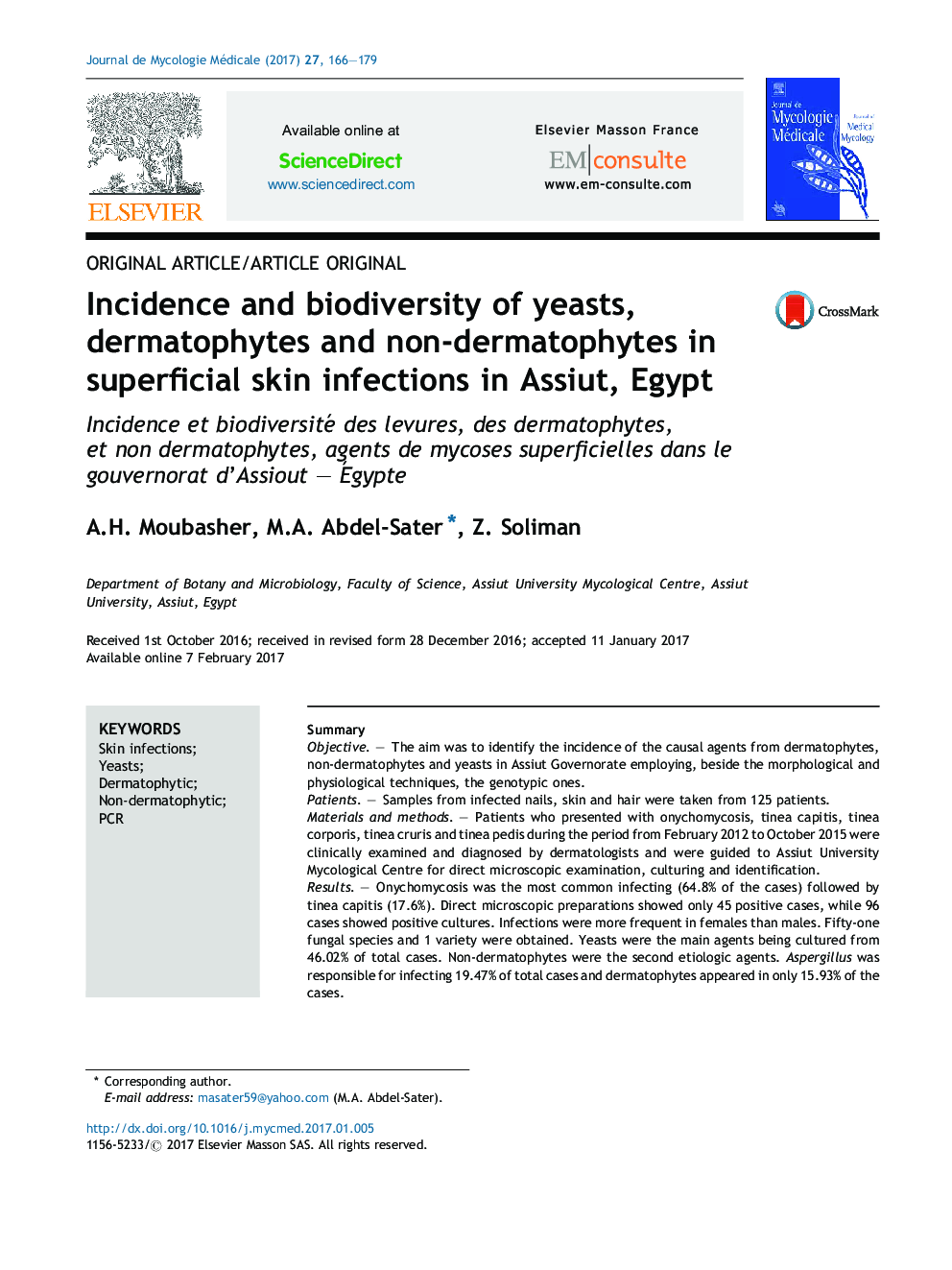 Incidence and biodiversity of yeasts, dermatophytes and non-dermatophytes in superficial skin infections in Assiut, Egypt