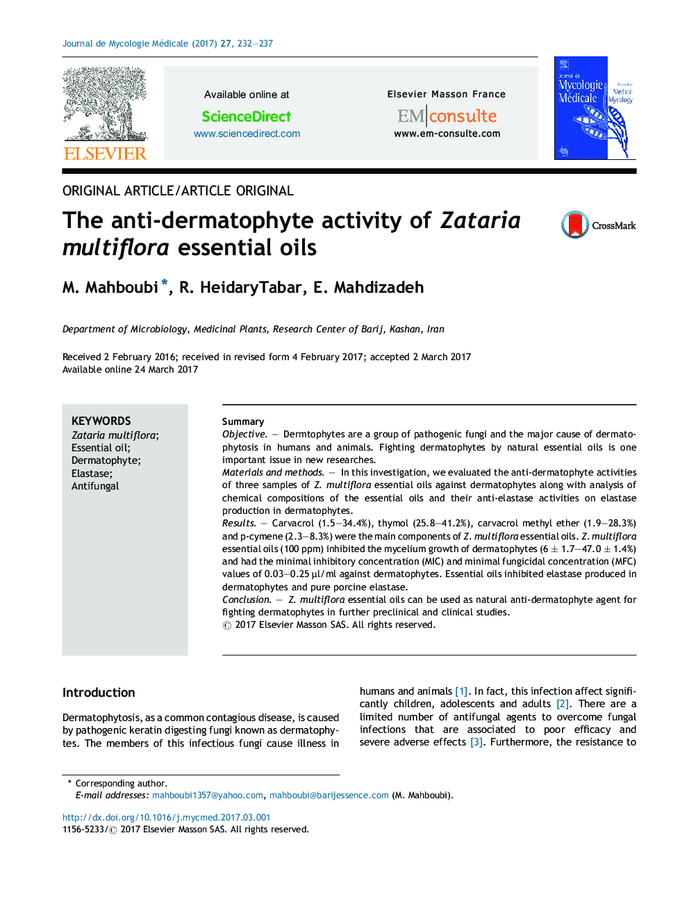 The anti-dermatophyte activity of Zataria multiflora essential oils