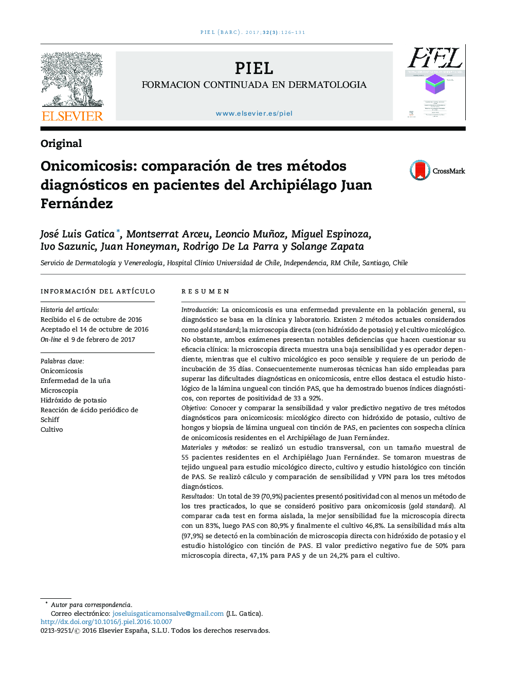 Onicomicosis: comparación de tres métodos diagnósticos en pacientes del Archipiélago Juan Fernández