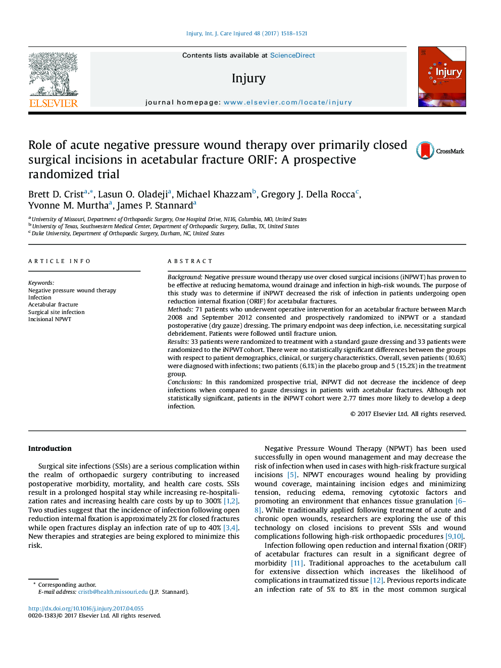Role of acute negative pressure wound therapy over primarily closed surgical incisions in acetabular fracture ORIF: A prospective randomized trial