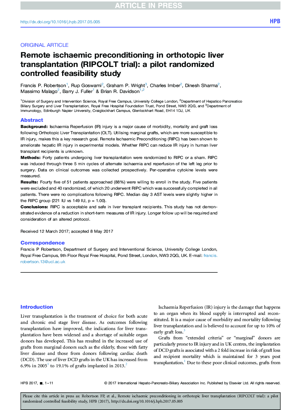 Remote ischaemic preconditioning in orthotopic liver transplantation (RIPCOLT trial): a pilot randomized controlled feasibility study