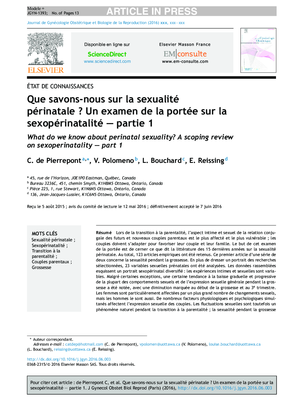 Que savons-nous sur la sexualité périnataleÂ ? Un examen de la portée sur la sexopérinatalité -Â partie 1