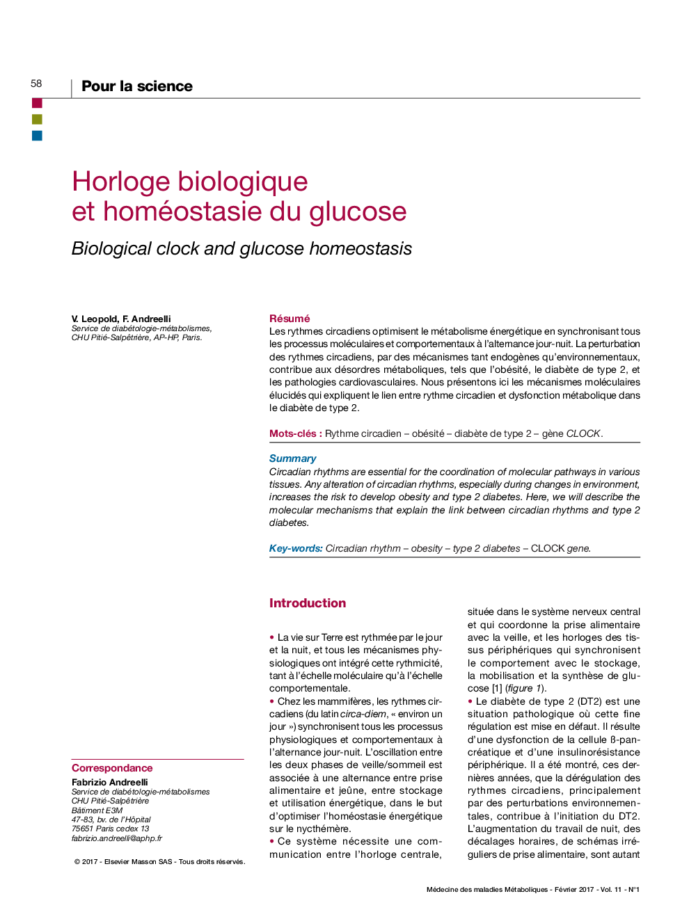 Horloge biologique et homéostasie du glucose