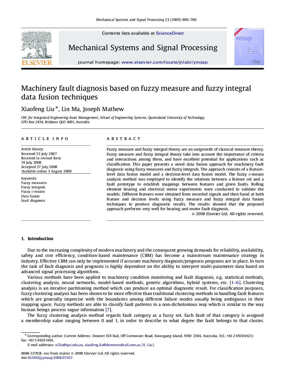 Machinery fault diagnosis based on fuzzy measure and fuzzy integral data fusion techniques