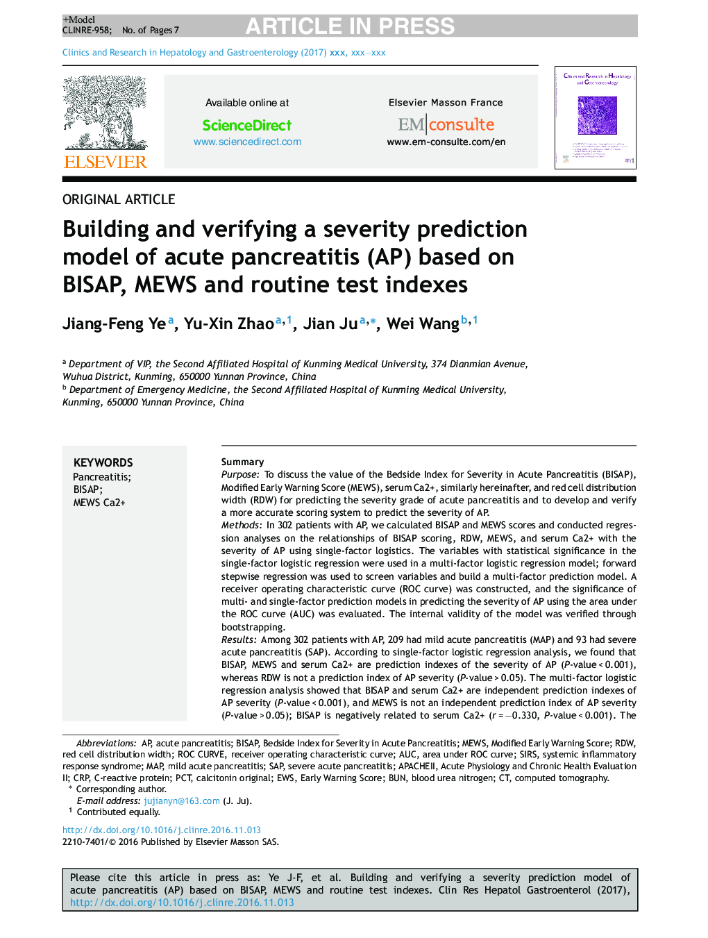 Building and verifying a severity prediction model of acute pancreatitis (AP) based on BISAP, MEWS and routine test indexes