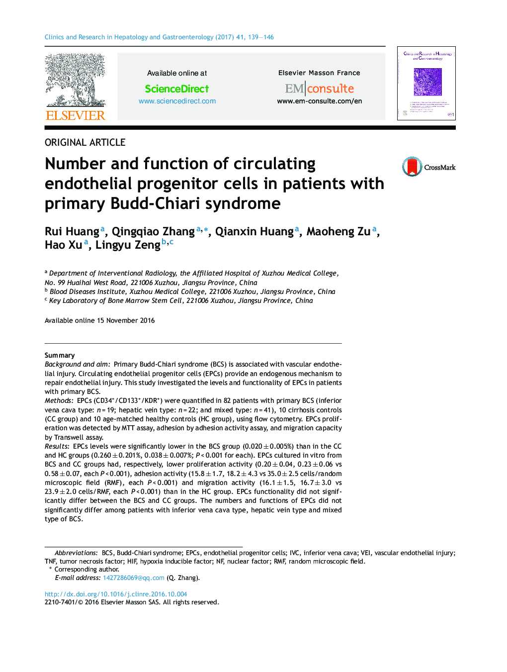 Number and function of circulating endothelial progenitor cells in patients with primary Budd-Chiari syndrome