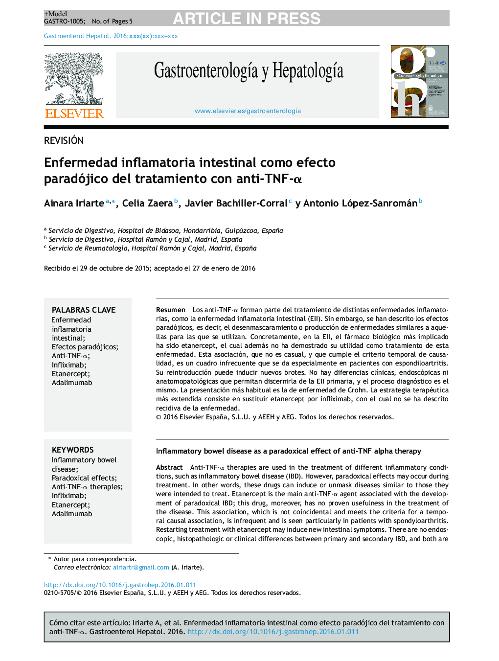 Enfermedad inflamatoria intestinal como efecto paradójico del tratamiento con anti-TNF-Î±