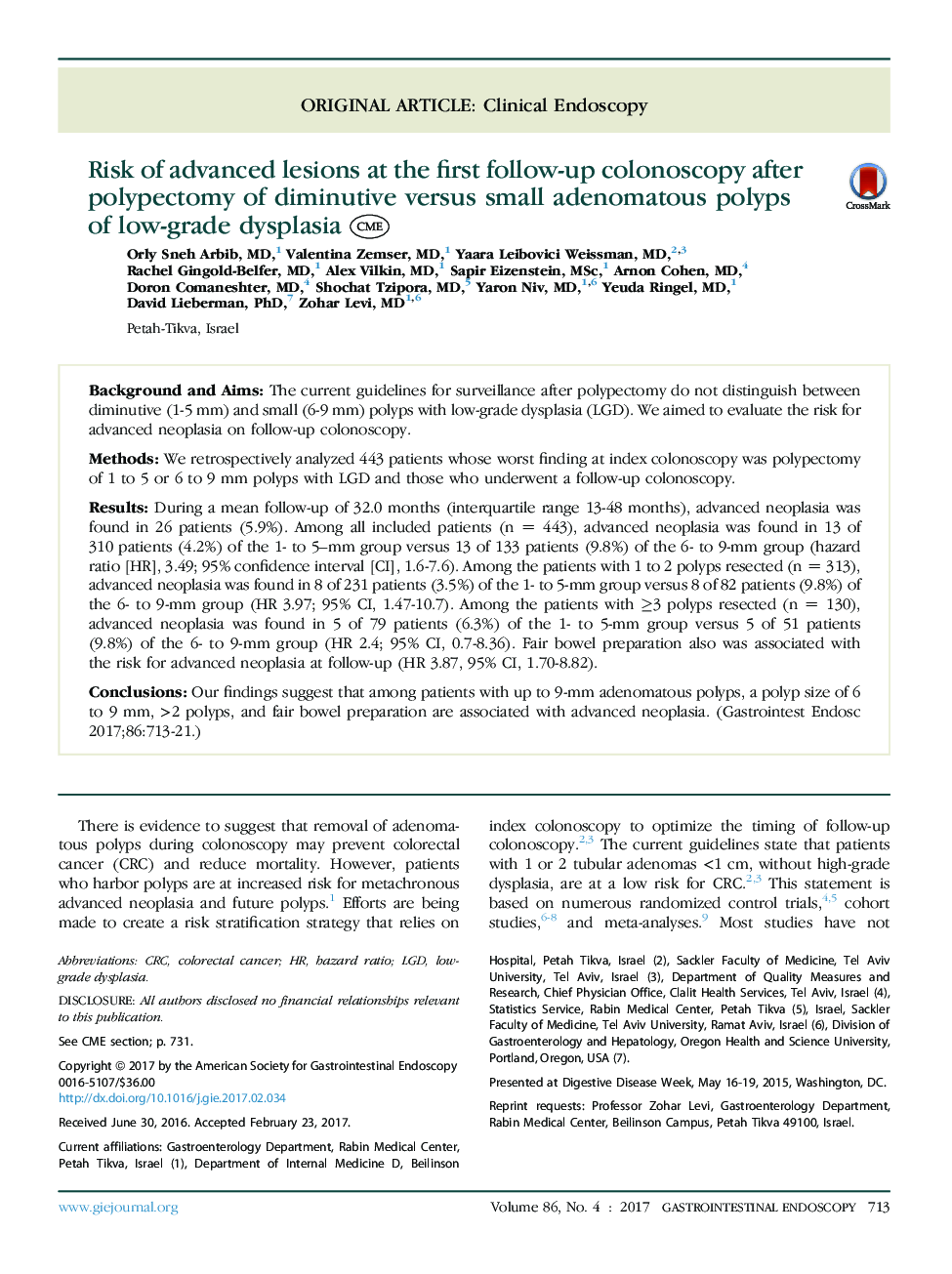 Risk of advanced lesions at the first follow-up colonoscopy after polypectomy of diminutive versus small adenomatous polyps of low-grade dysplasia