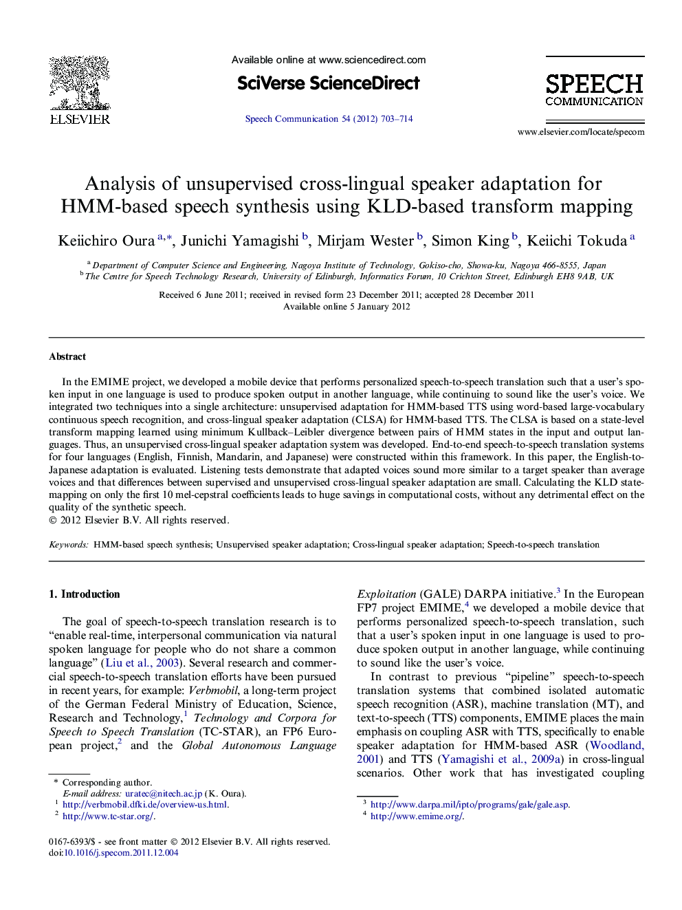 Analysis of unsupervised cross-lingual speaker adaptation for HMM-based speech synthesis using KLD-based transform mapping