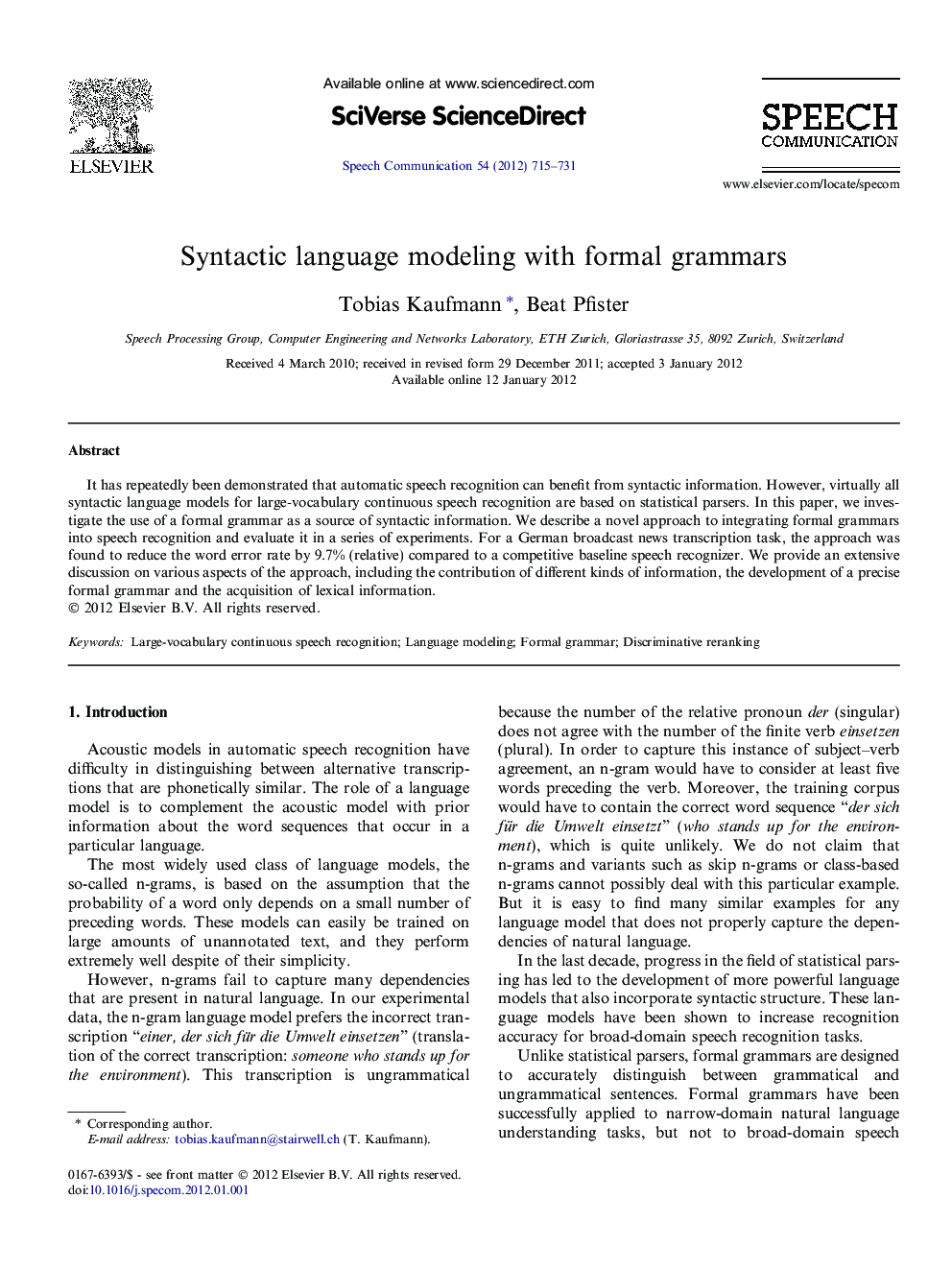 Syntactic language modeling with formal grammars