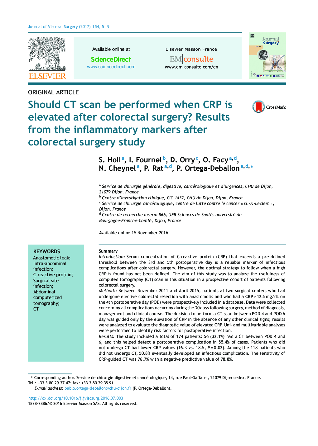 Should CT scan be performed when CRP is elevated after colorectal surgery? Results from the inflammatory markers after colorectal surgery study