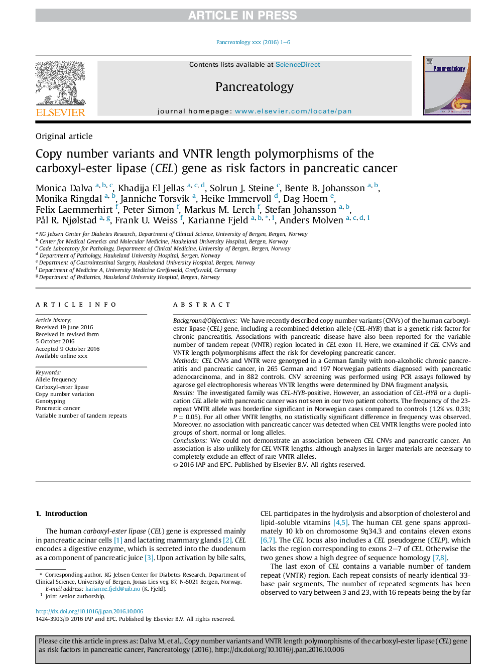 Copy number variants and VNTR length polymorphisms of the carboxyl-ester lipase (CEL) gene as risk factors in pancreatic cancer