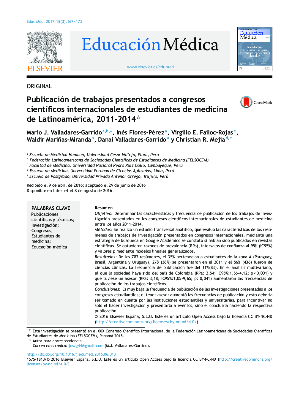 Publicación de trabajos presentados a congresos cientÃ­ficos internacionales de estudiantes de medicina de Latinoamérica, 2011-2014