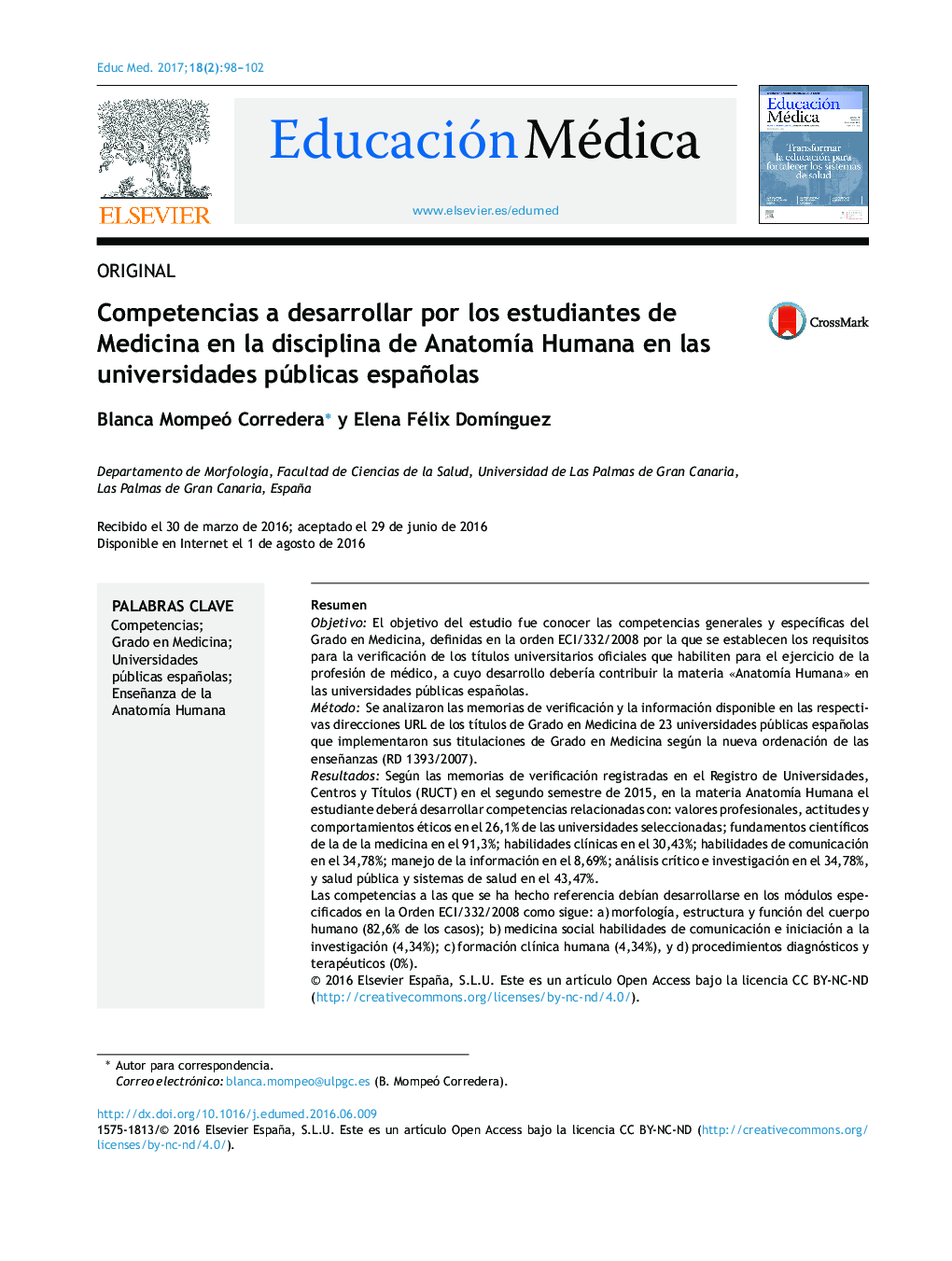 Competencias a desarrollar por los estudiantes de Medicina en la disciplina de AnatomÃ­a Humana en las universidades públicas españolas