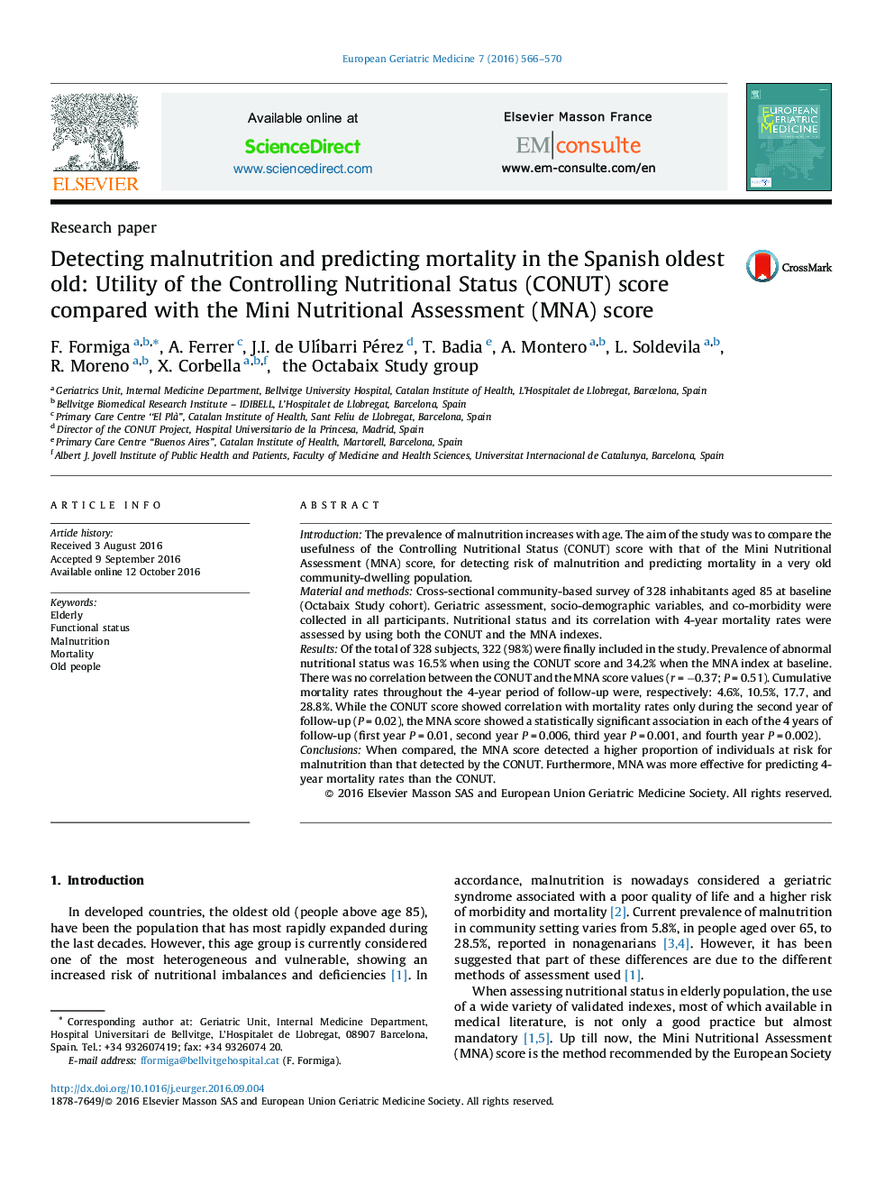 Detecting malnutrition and predicting mortality in the Spanish oldest old: Utility of the Controlling Nutritional Status (CONUT) score compared with the Mini Nutritional Assessment (MNA) score