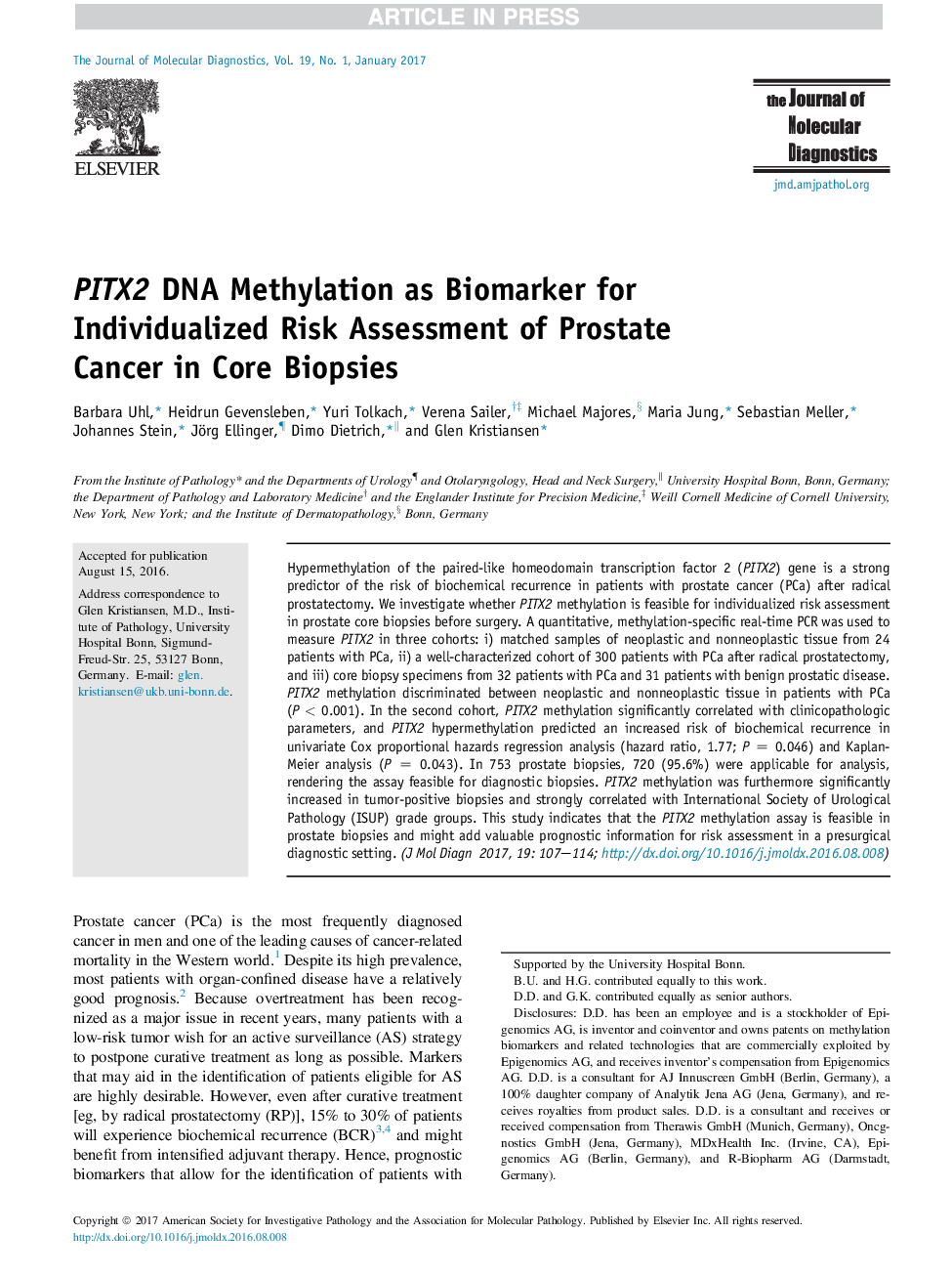 PITX2 DNA Methylation as Biomarker for Individualized Risk Assessment of Prostate Cancer in Core Biopsies