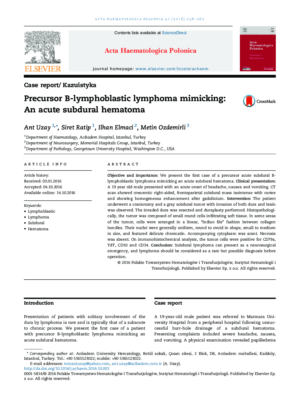 Precursor B-lymphoblastic lymphoma mimicking: An acute subdural hematoma