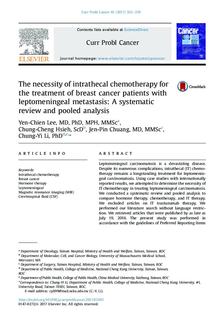 The necessity of intrathecal chemotherapy for the treatment of breast cancer patients with leptomeningeal metastasis: A systematic review and pooled analysis